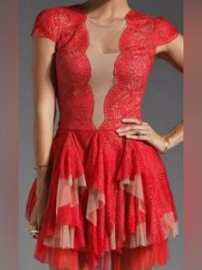 BCBGMaxAzria Red and Tan Lace Ruffled Mini Dress
